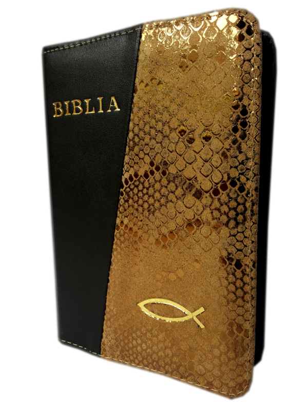 Biblie din piele, mica, visiniu / textura aurie, fermoar, cu peste, cuv. lui Isus in rosu [043 A]