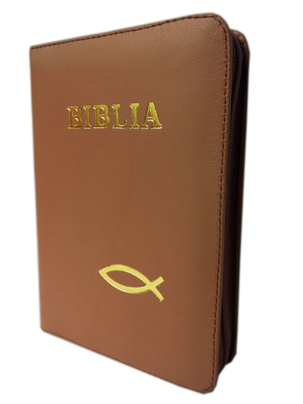 Biblia format mic, din piele, culoare nuanta maro, index, fermoar, margini argintii, simbolul peste, cuv. lui Isus in rosu [047 PFI]