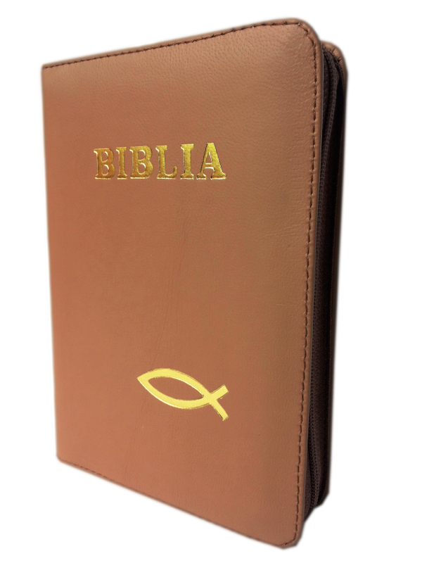 Biblia format mic, din piele, culoare crem inchis, index, fermoar, margini argintii, simbol peste, cuv. lui Isus in rosu [047 PFI]