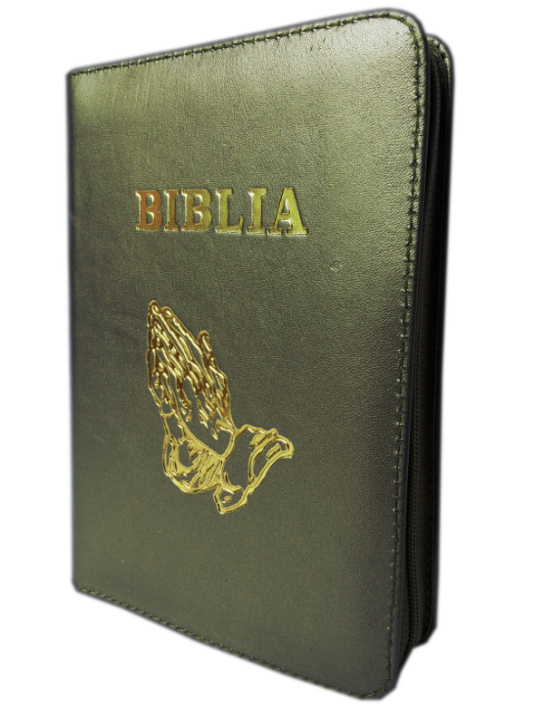 Biblia mica, piele, fermoar, verde-gri, cu maini, cuv. lui Isus cu rosu [043 A]