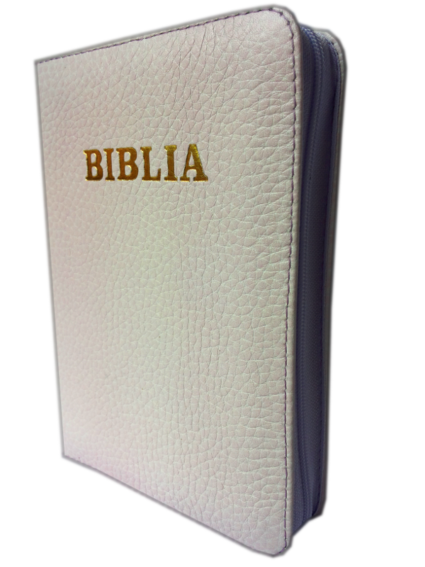 Biblie din piele, mica, nuanta de alb, fermoar, cuv. lui Isus in rosu [043 A]