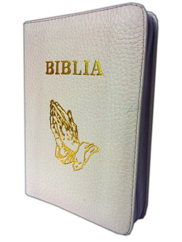 Biblie din piele, mica, nuanta de alb, fermoar, cu maini, cuv. lui Isus in rosu [043 A]