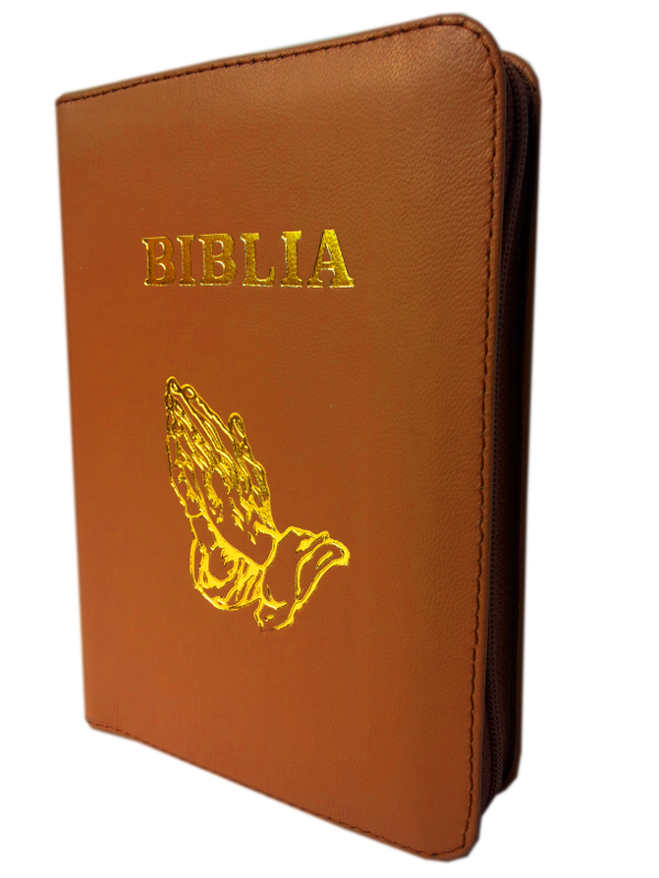 Biblia format mic, din piele, imprimeu maro deschis, index, fermoar, margini aurii, cu maini in ruga, cuv. lui Isus in rosu [047 PFI]