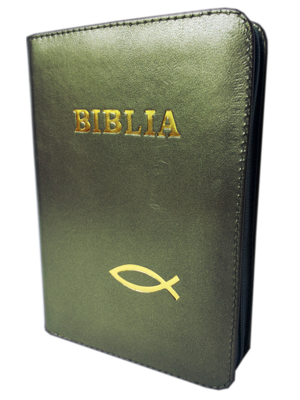 Biblie din piele, mica, bronz, fermoar, cu peste, cuv. lui Isus in rosu [043 A]