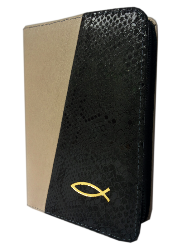 Biblie din piele, mica, gri / textura neagra, fermoar, cu peste, cuv. lui Isus in rosu [043 A]