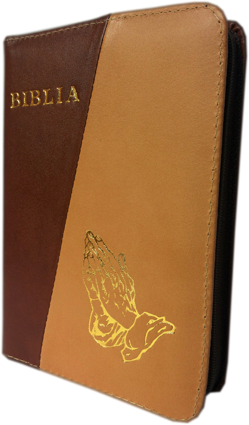 Biblia mica, piele, fermoar, maro inchis / maro deschis, cu maini, cuv. lui Isus cu rosu [043 A]