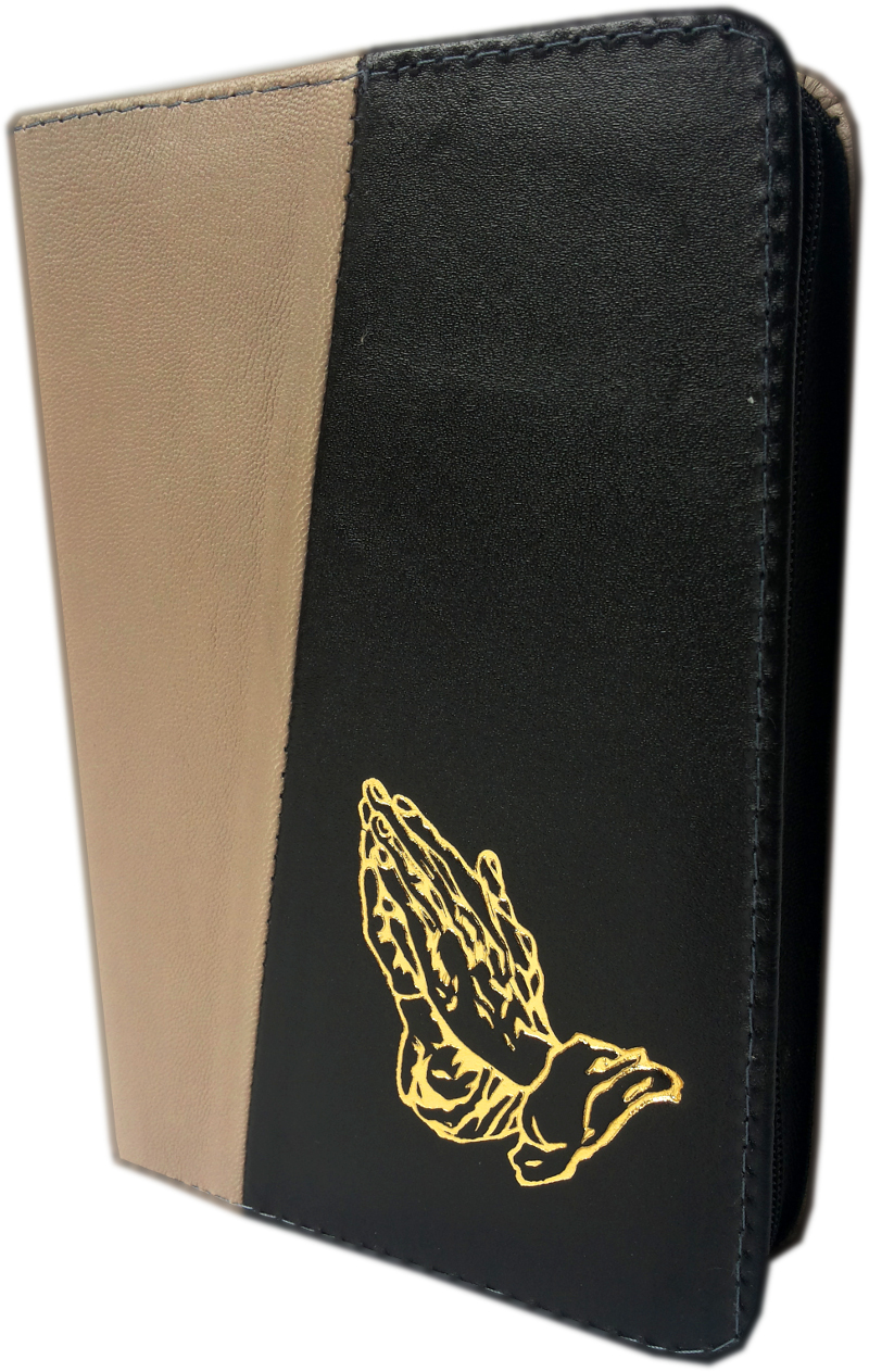 Biblie din piele, mica, gri / negru, fermoar, cu maini, cuv. lui Isus in rosu [043 A]