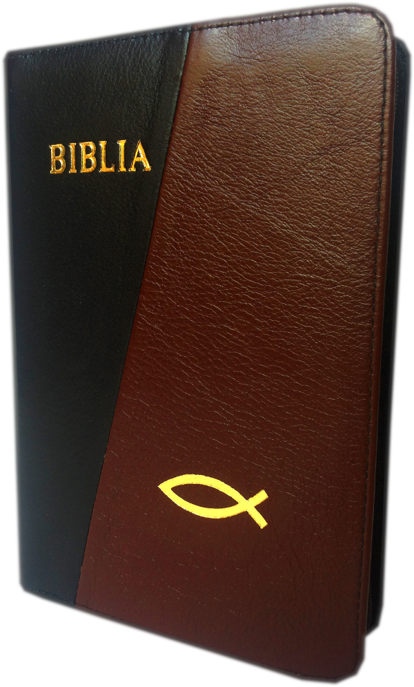 Biblia din piele, marime medie, negru / maro inchis, fermoar, cu peste, cuv. lui Isus cu rosu [053]