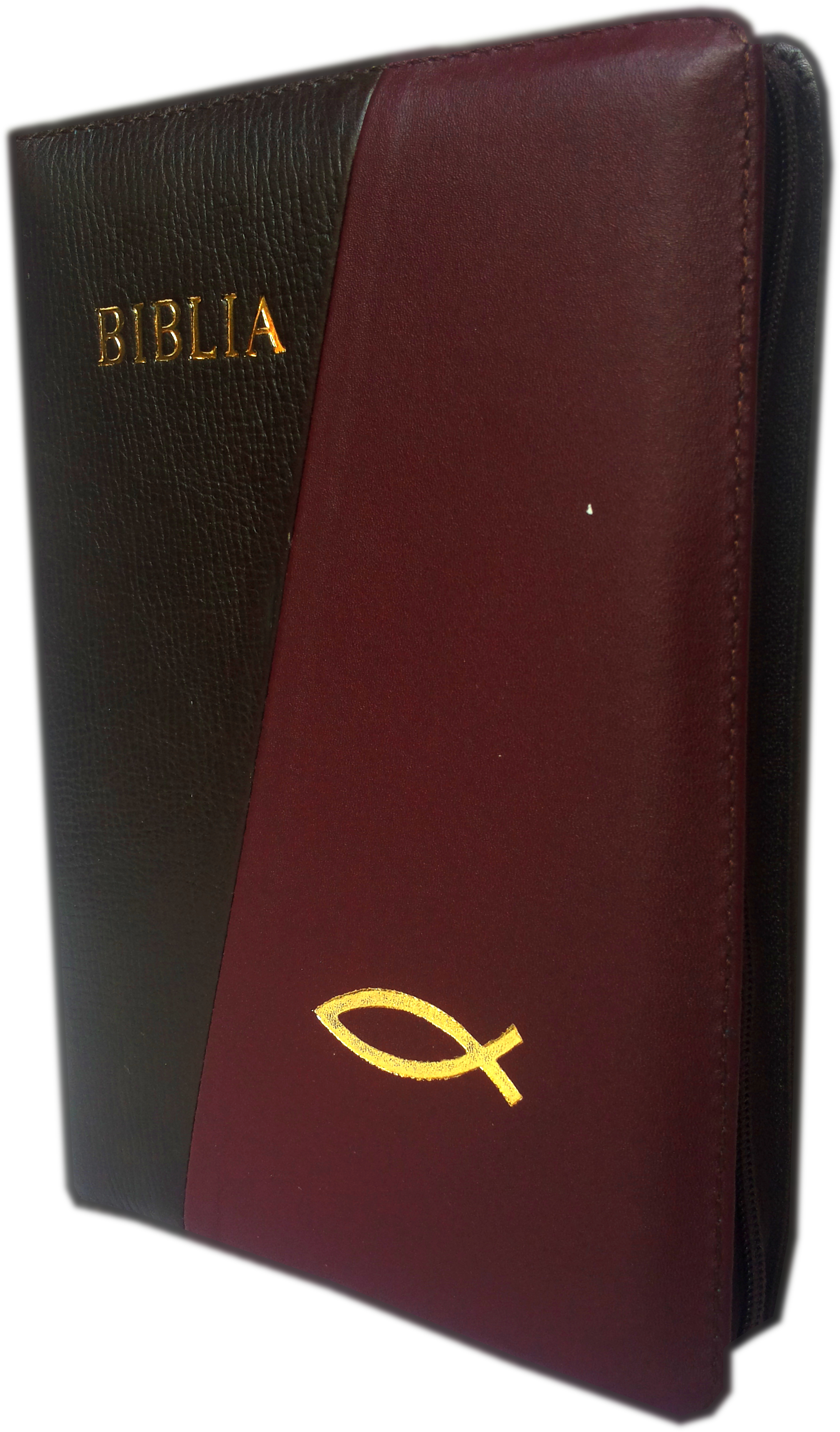 Biblia din piele, medie, negru / visiniu, fermoar, aurita, cu peste, cuv. lui Isus cu rosu [052]