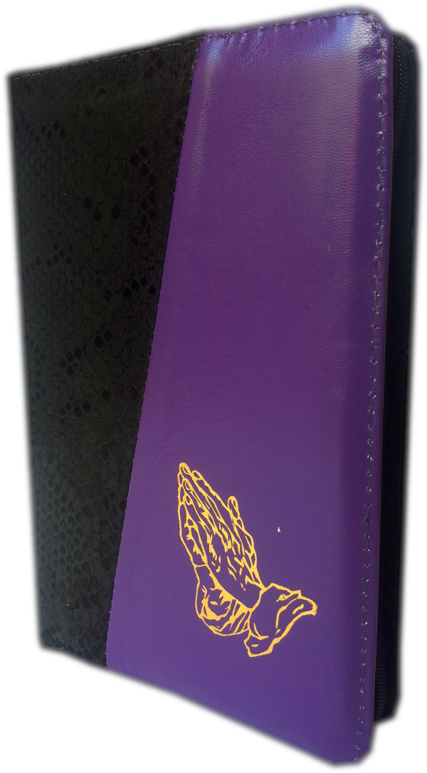 Biblia din piele, medie, negru / mov, fermoar, aurita, cu maini, cuv. lui Isus cu rosu [052]
