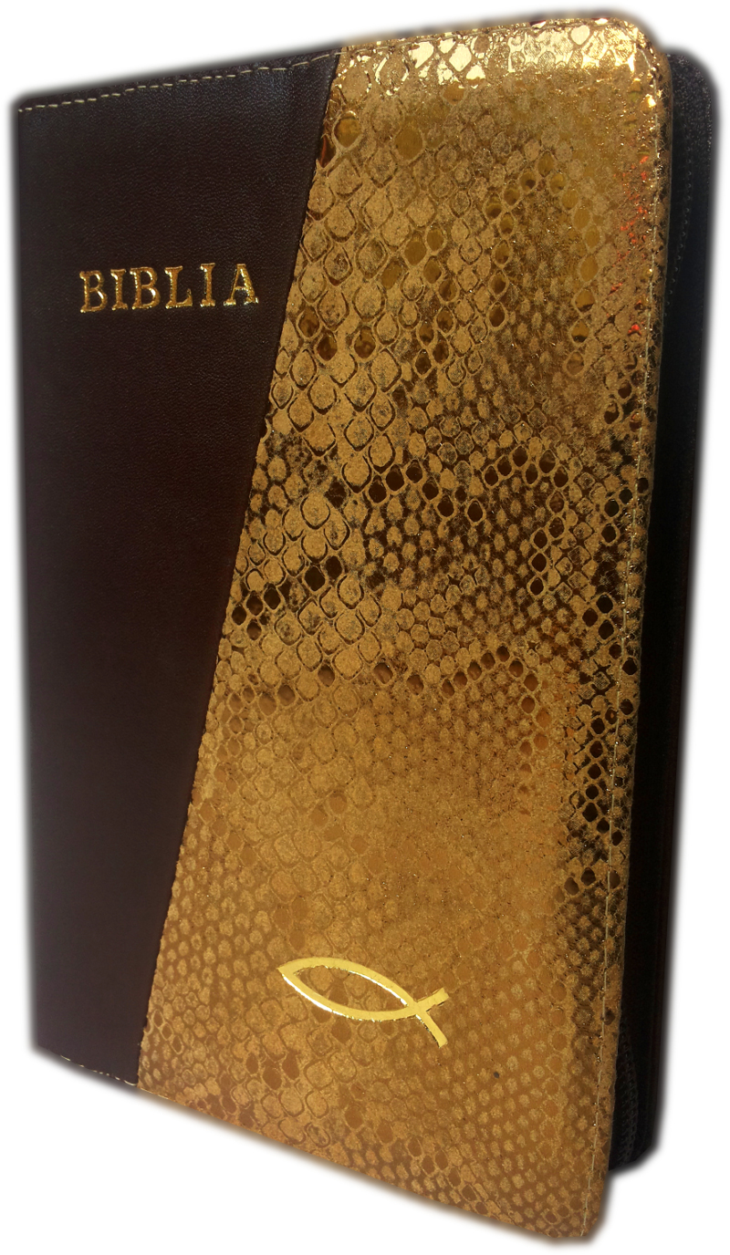 Biblia din piele, marime medie, maro inchis / auriu, fermoar, margini aurii, cu peste, cuv. lui Isus cu rosu [052]
