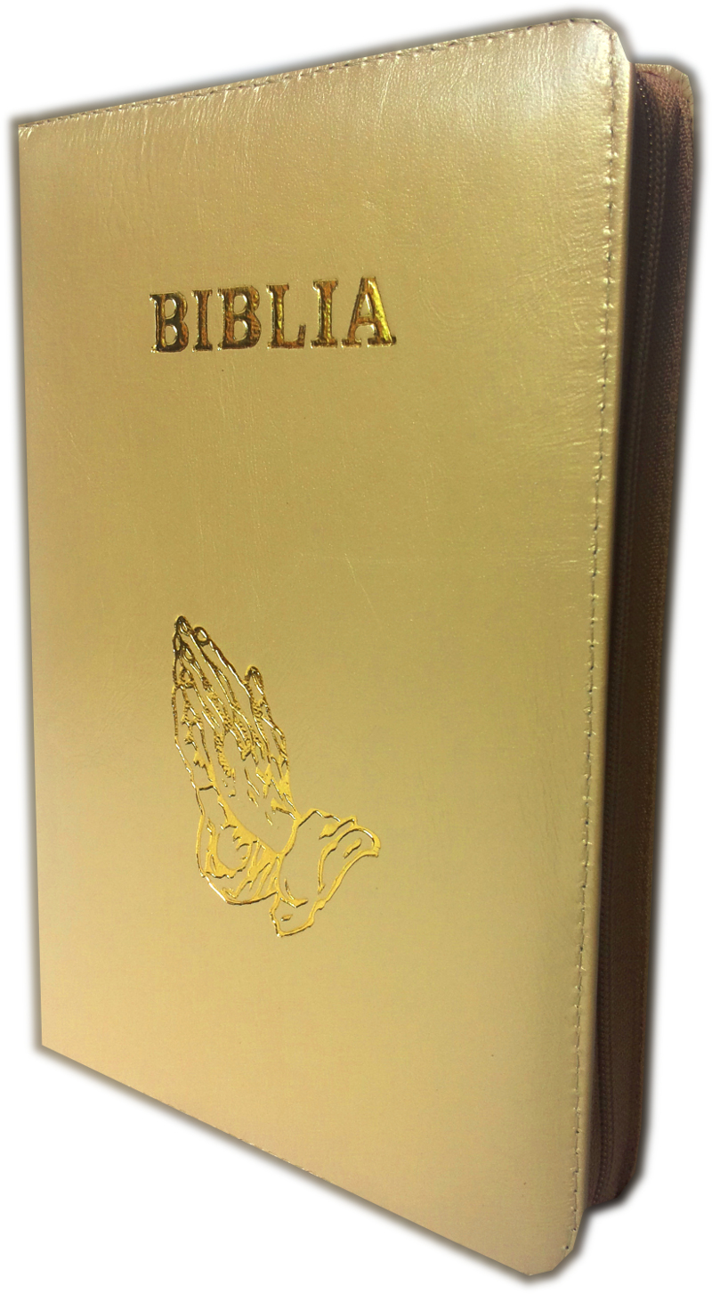Biblia marime medie, piele, culoare bej metalizat, fermoar, cu maini, cuv. lui Isus cu rosu [053]