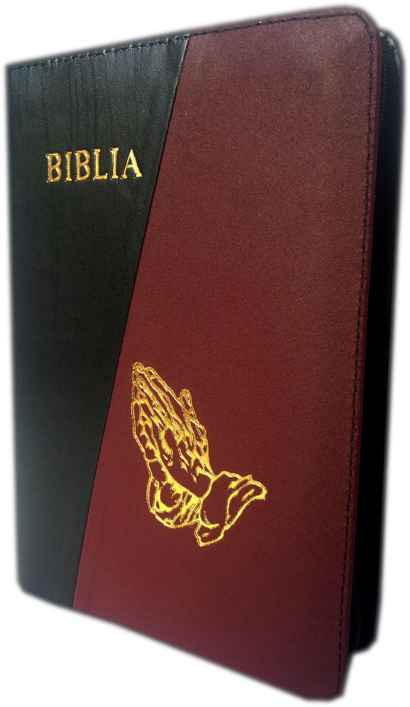 Biblia din piele, medie, negru / visiniu, fermoar, aurita, cu maini, cuv. lui Isus cu rosu [052]