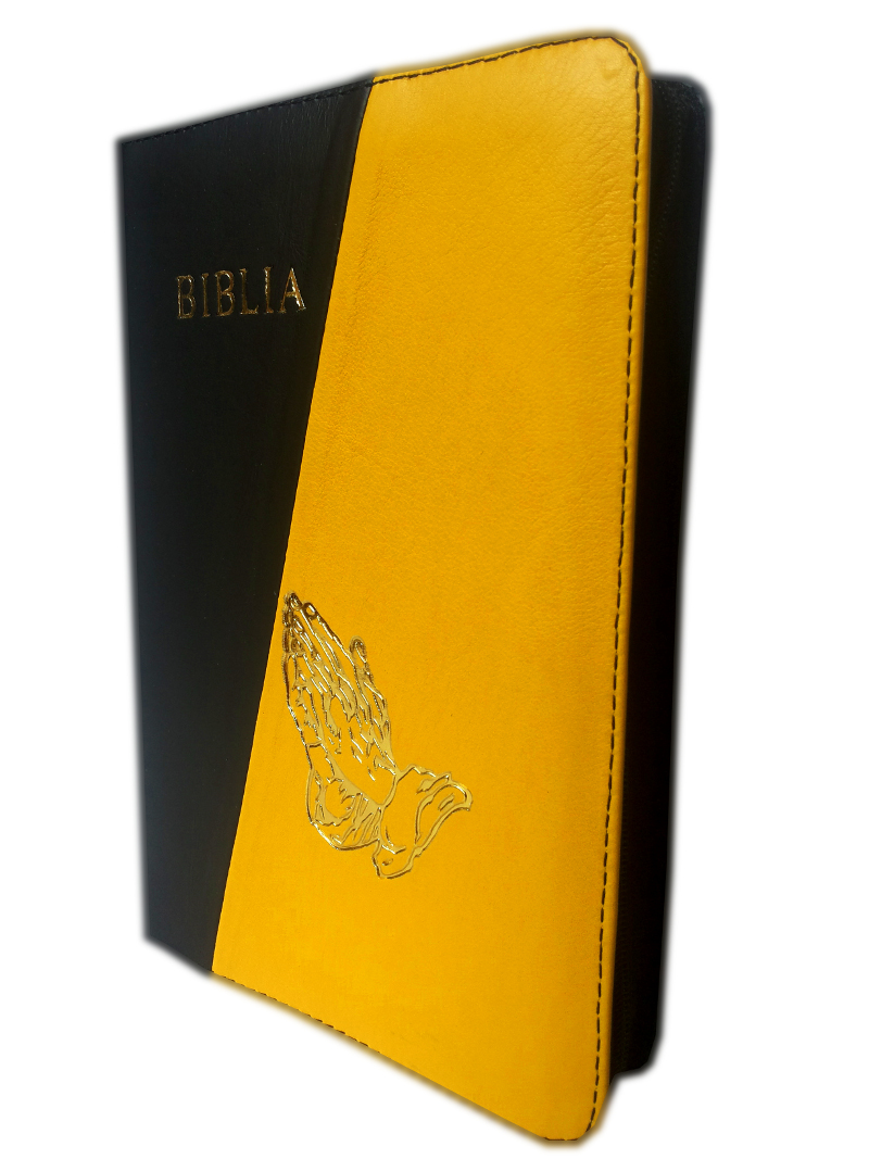 Biblia din piele, marime medie, negru / galben, fermoar, cu maini, cuv. lui Isus cu rosu [053]