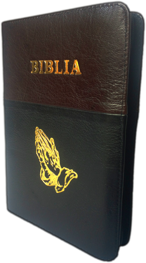 Biblia din piele, marime medie, maro inchis - negru, fermoar, cu maini, cuv. lui Isus cu rosu [053]