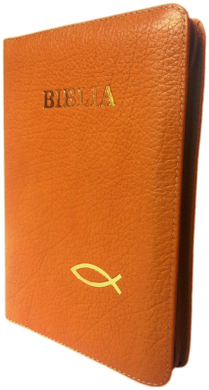 Biblia din piele, marime medie, portocaliu, fermoar, cu peste, cuv. lui Isus cu rosu [053]