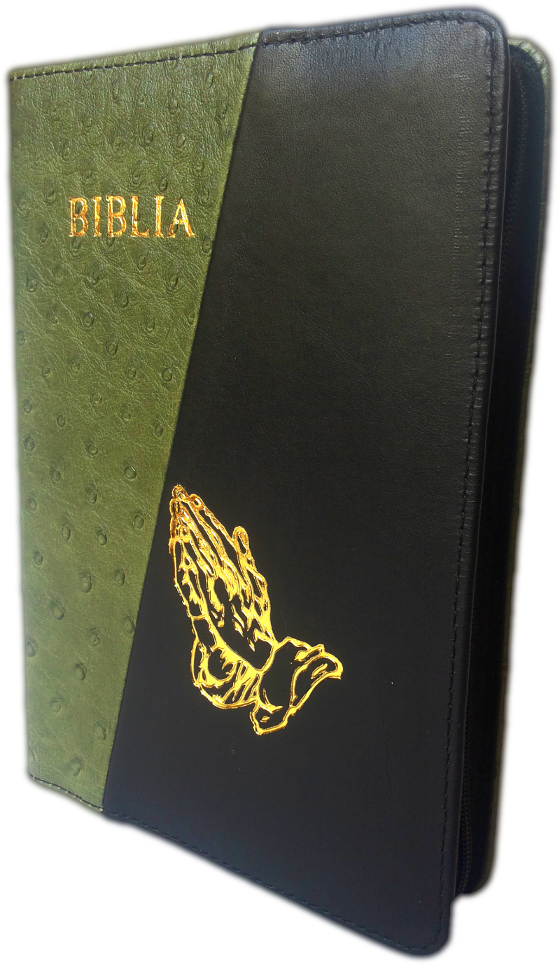 Biblia din piele, marime medie,verde oliv / negru, fermoar, cu maini, cuv. lui Isus cu rosu [053]