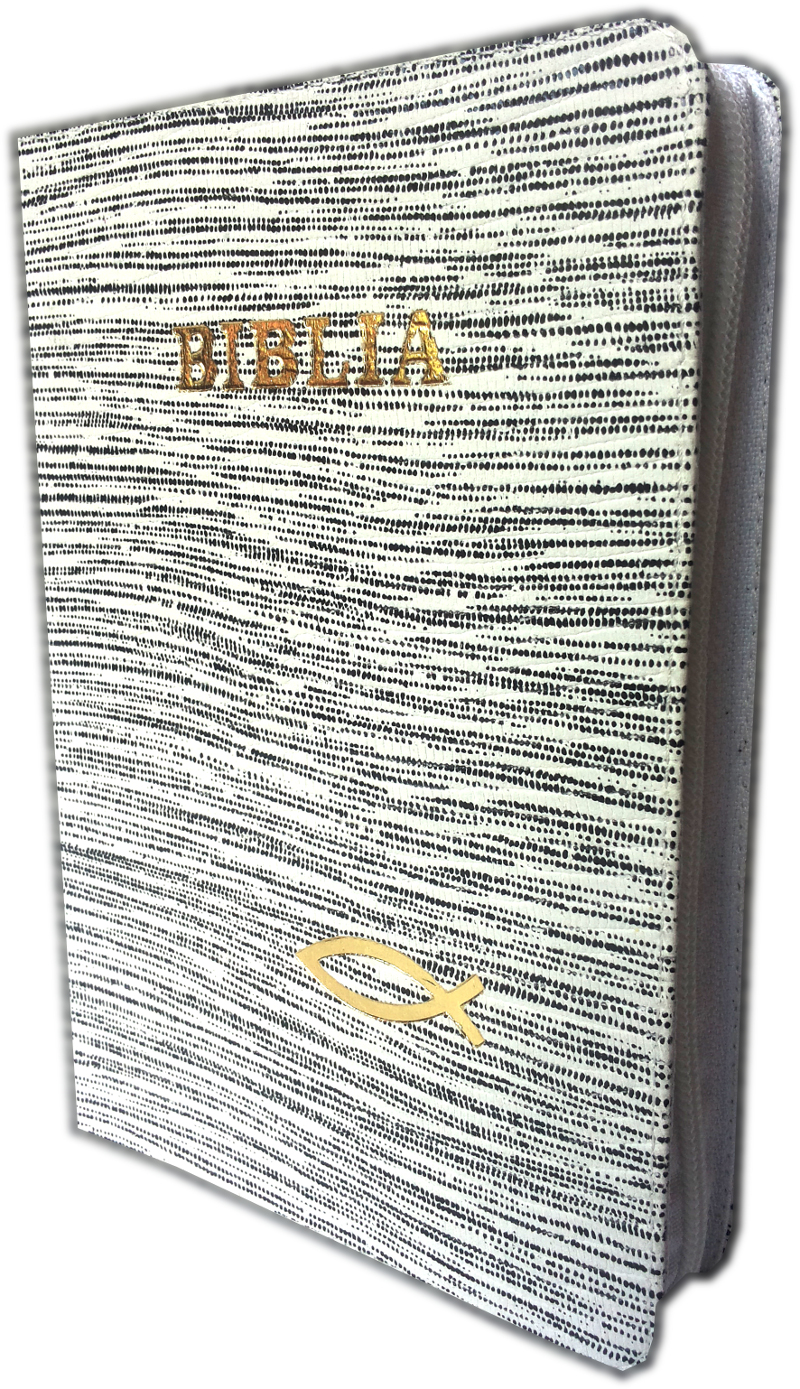 Biblia din piele, medie, alba cu dungi negre, cu fermoar, aurita, cu peste, cuv. lui Isus cu rosu [052]
