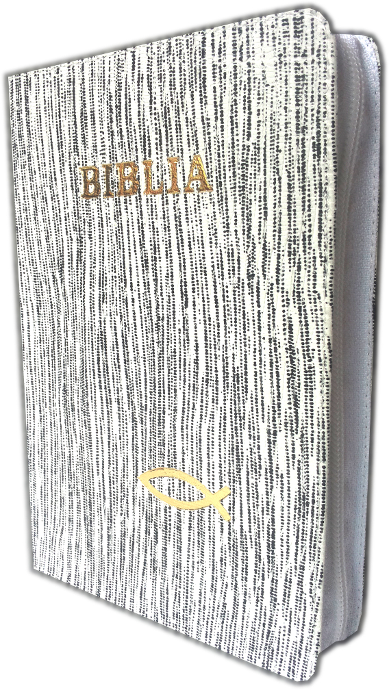 Biblia din piele, marime medie, alba cu dungi negre, fermoar, cu peste, cuv. lui Isus cu rosu [053]