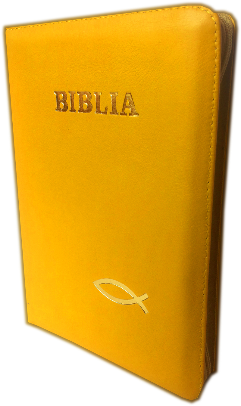 Biblia din piele, marime medie, galbena, fermoar, margini aurii, cu peste, cuv. lui Isus cu rosu [052]