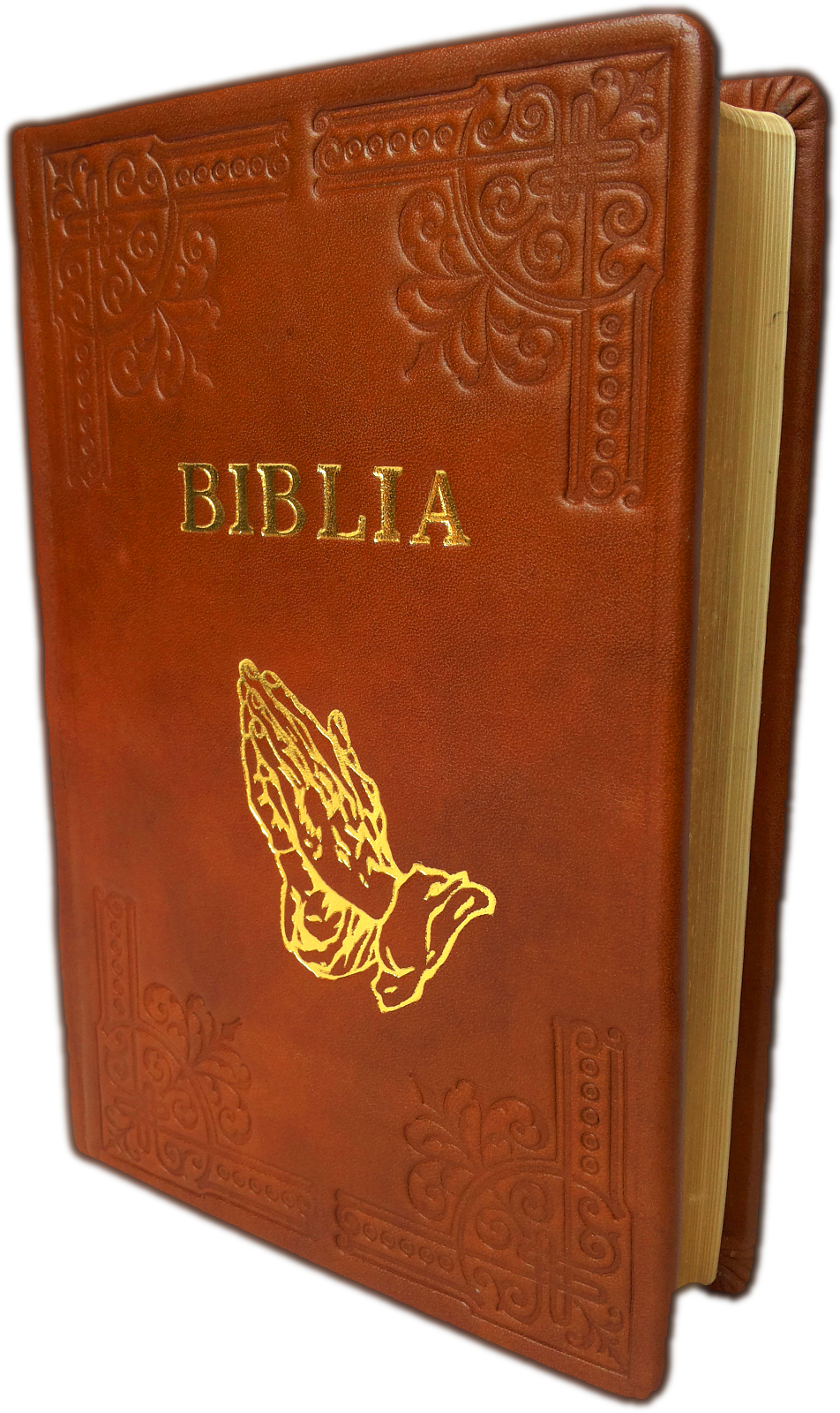 Biblia din piele, handmade, marime medie, maro deschis, margini aurii, cu maini, cuv. lui Isus cu rosu [052 HM]