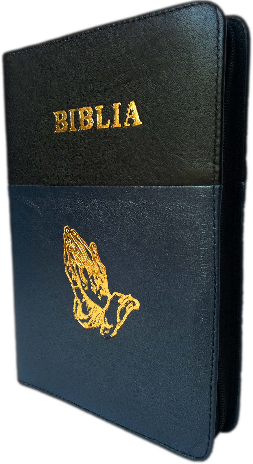 Biblia din piele, marime medie, negru - bleumarin, fermoar, cu maini, cuv. lui Isus cu rosu [053]
