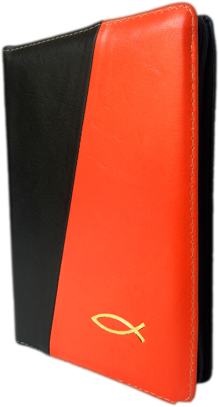 Biblia din piele, marime medie, negru / portocaliu, fermoar, cu peste, cuv. lui Isus cu rosu [053]