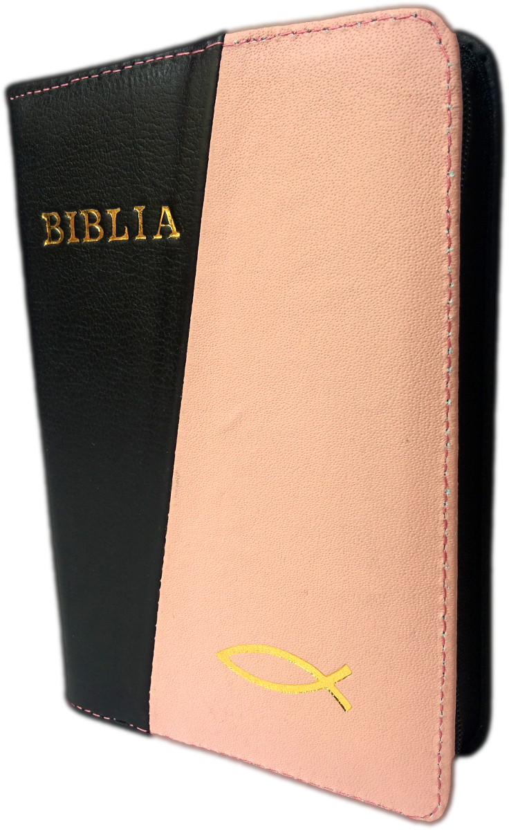 Biblie din piele, mica, negru / roz pal, fermoar, cu peste, cuv. lui Isus in rosu [043 A]