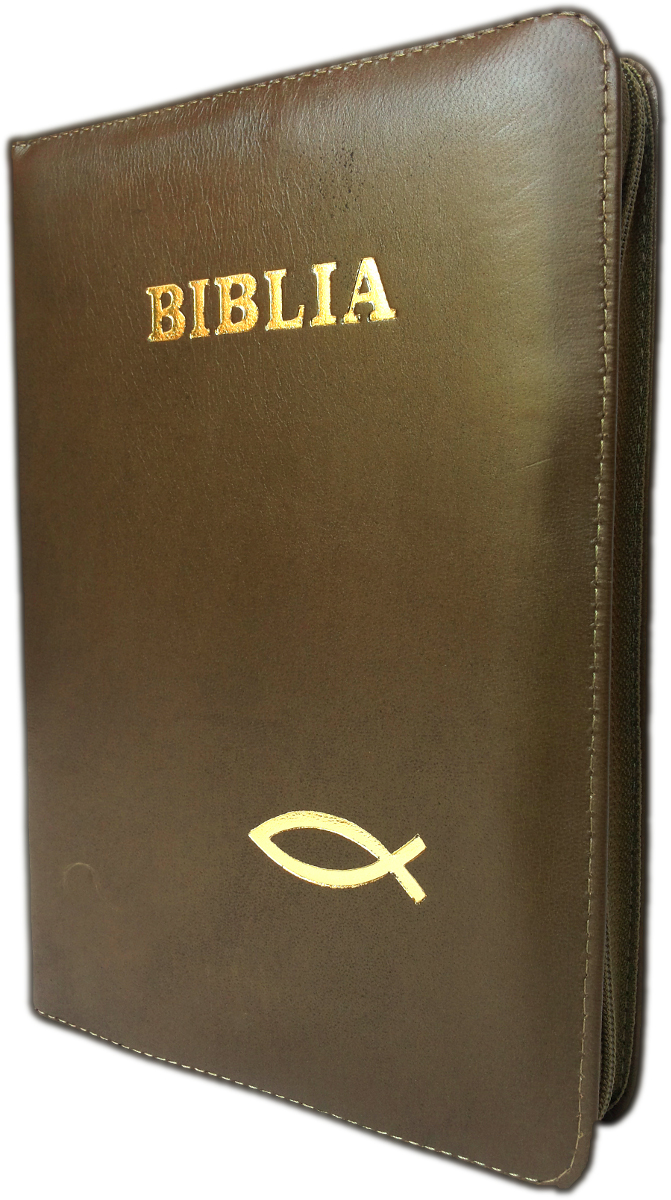 Biblia din piele, marime medie, bronz, fermoar, cu peste, cuv. lui Isus cu rosu [053]