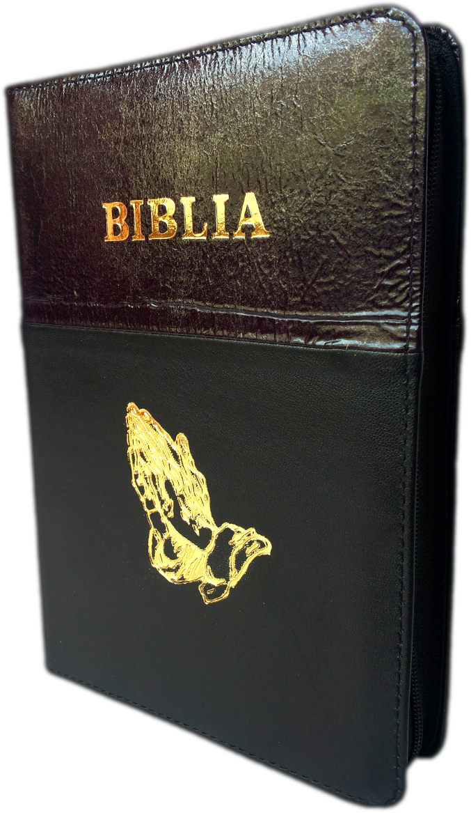 Biblia din piele, marime medie, bordo-negru, fermoar, margini aurii, cu maini, cuv. lui Isus cu rosu [052]