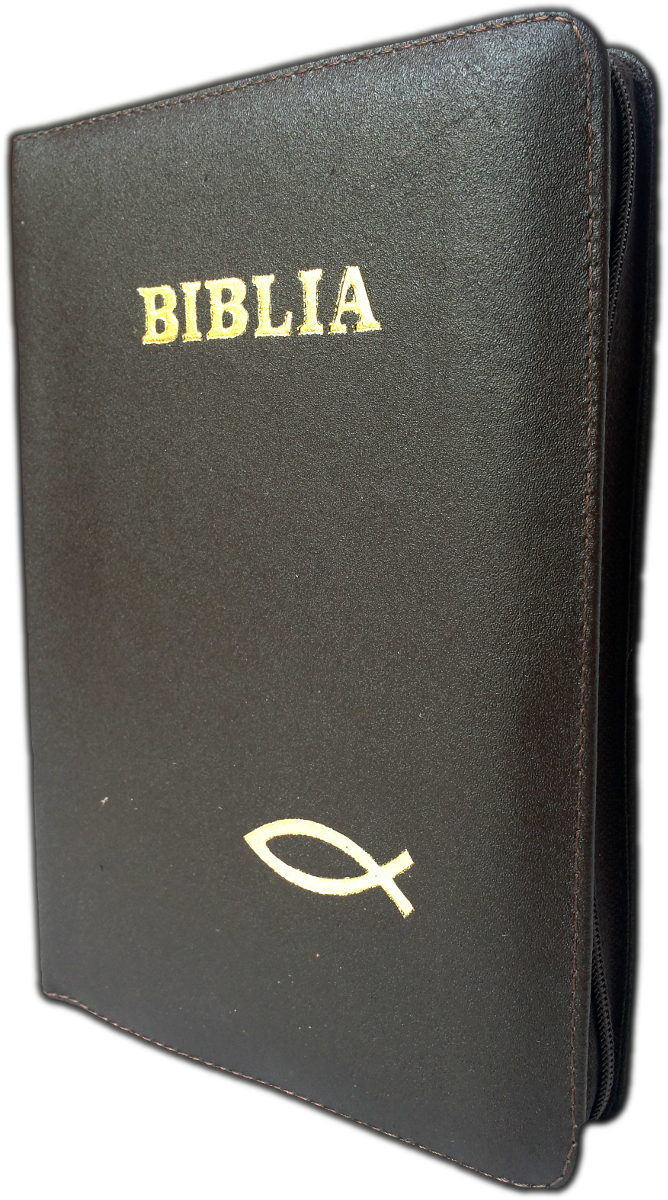 Biblia din piele, marime medie, maro, fermoar, cu peste, cuv. lui Isus cu rosu [053]