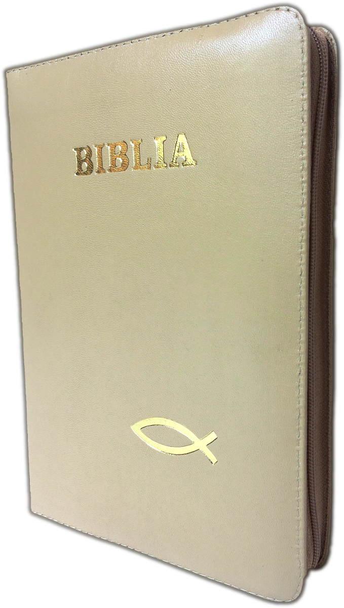 Biblia din piele, medie, bej, cu fermoar, aurita, cu peste, cuv. lui Isus cu rosu [052]