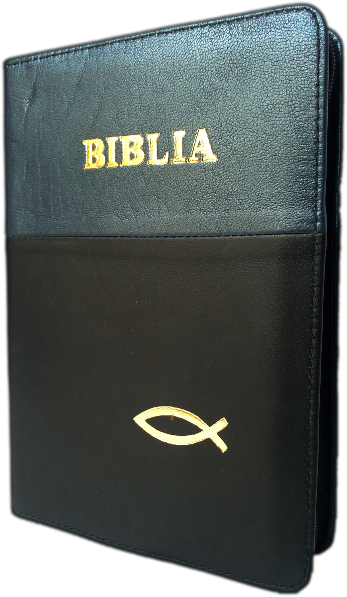 Biblia din piele, marime medie, bleumarin - negru, fermoar, cu peste, cuv. lui Isus cu rosu [053]