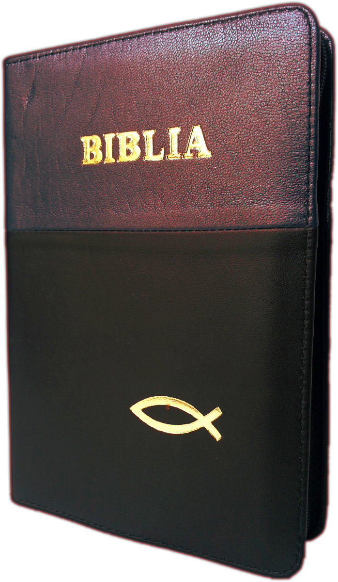 Biblia din piele, marime medie, mov inchis - negru, fermoar, cu peste, cuv. lui Isus cu rosu [053]