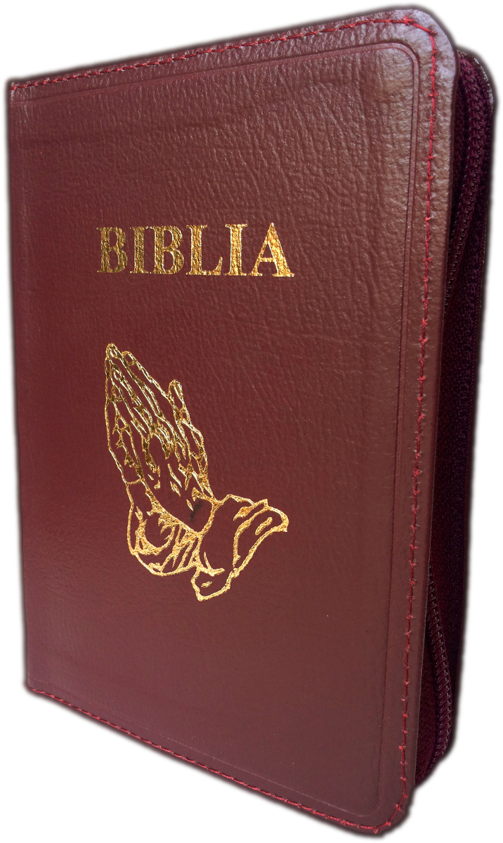 Biblie din piele, mica, visinie, fermoar, maini in ruga, aurita, cuv. lui Isus in rosu [043 A]