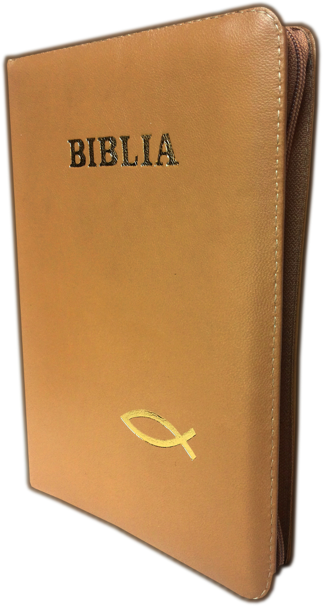 Biblia din piele, marime medie, bej, fermoar, cu peste, cuv. lui Isus cu rosu [053]