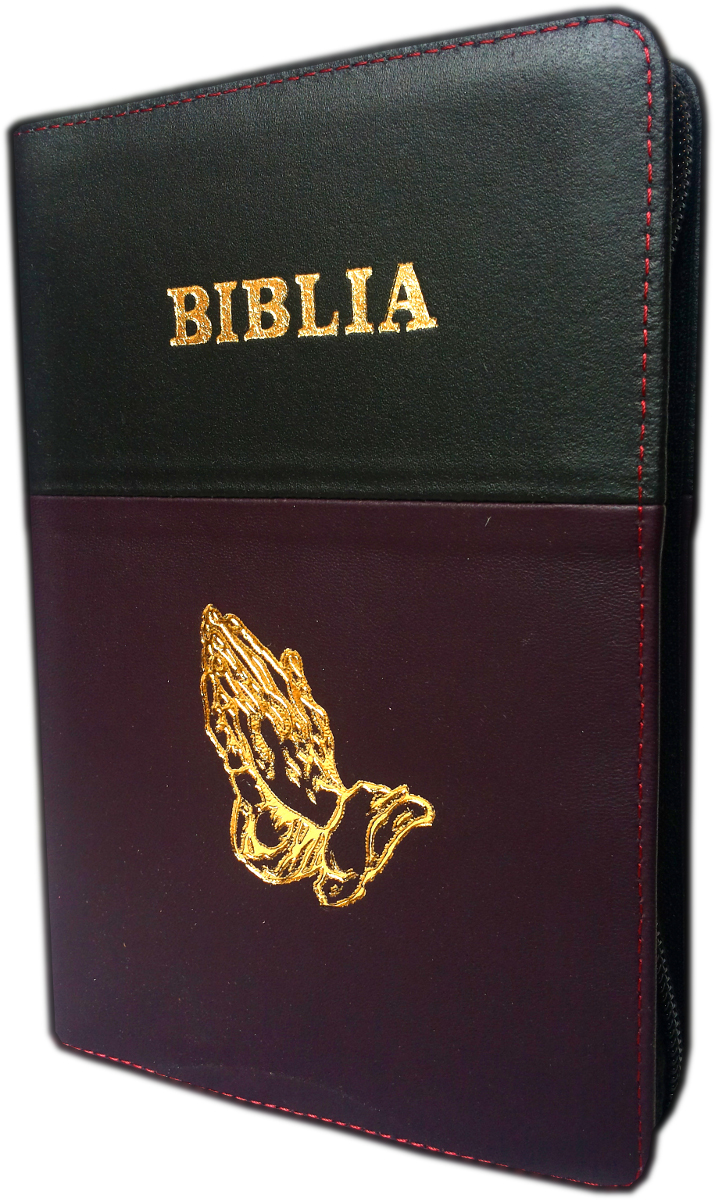 Biblia din piele, marime medie, negru-violet inchis, fermoar, margini aurii, cu maini, cuv. lui Isus cu rosu [052]
