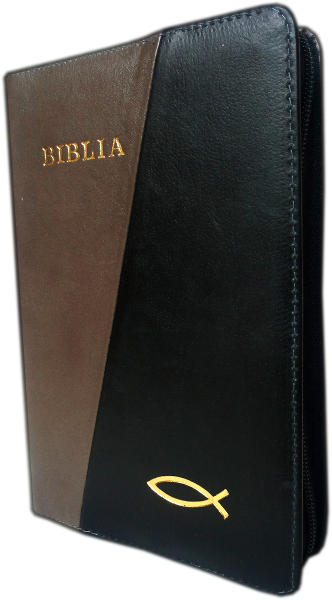 Biblia din piele, marime medie, bronz / negru, fermoar, cu peste, cuv. lui Isus cu rosu [053]