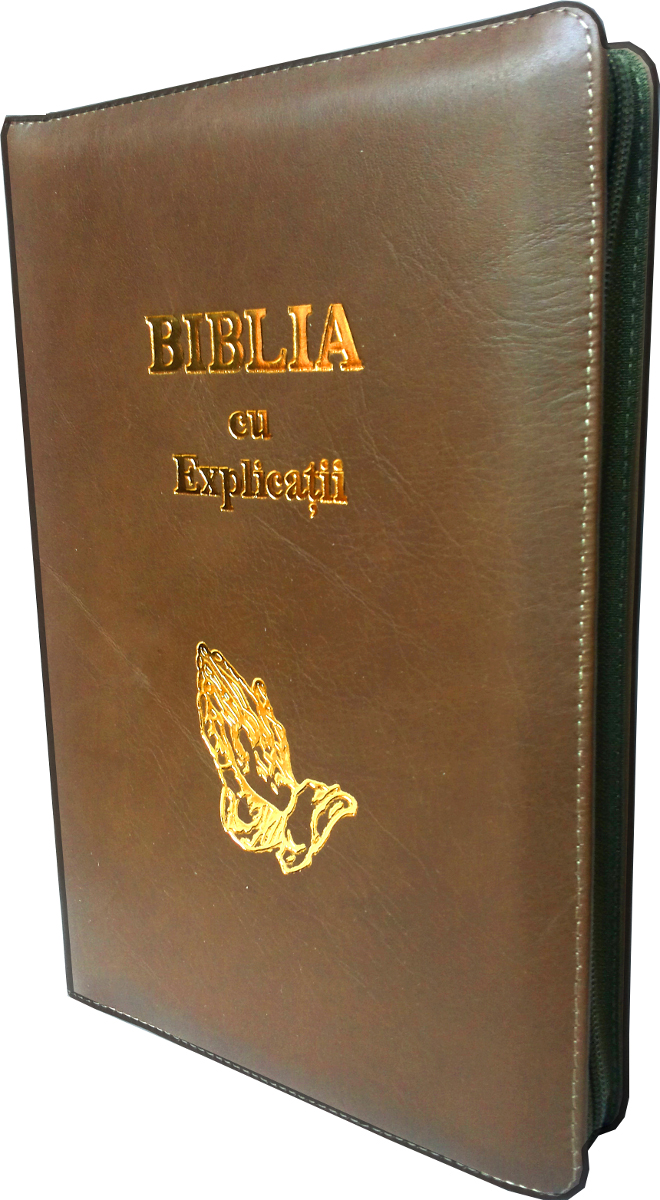 Biblia cu explicatii si concordanta, din piele, maro, cu fermoar, cu maini [77 PFR]