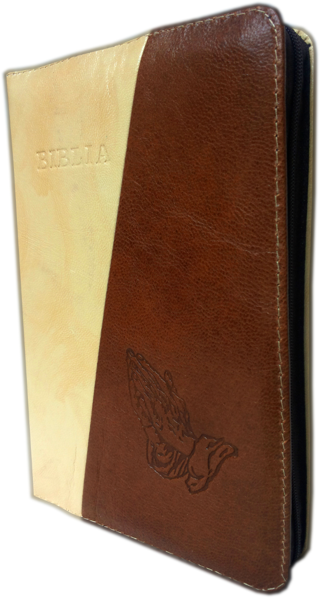 Biblia din piele, marime medie, bej / maro, fermoar, cu maini gravate, cuv. lui Isus cu rosu [053]