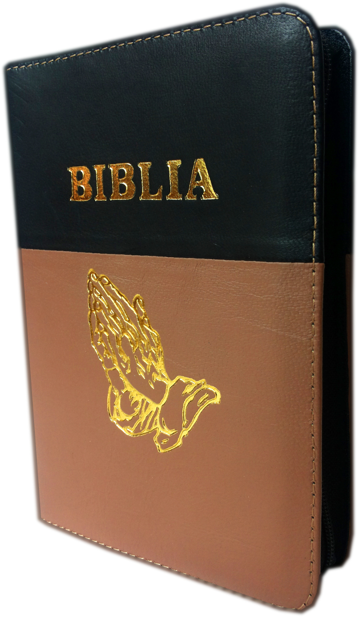 Biblie din piele, dimensiune mica, negru-maro, fermoar, cu maini, cuv. lui Isus in rosu [043 A]
