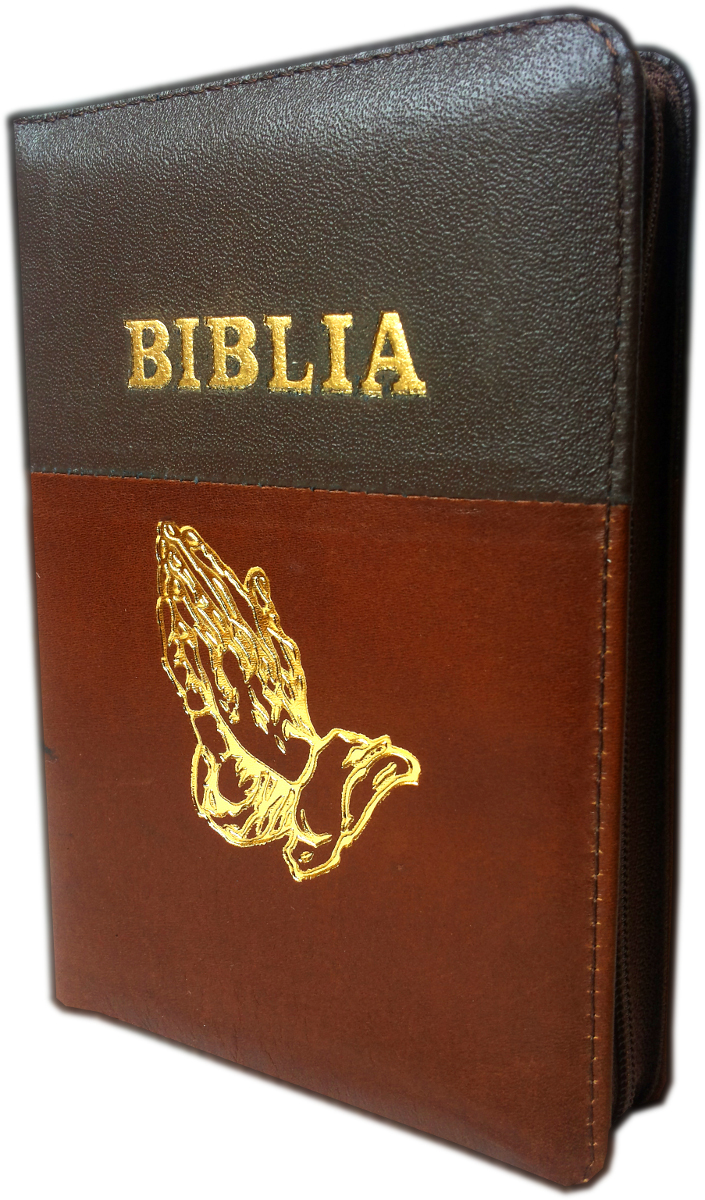 Biblie din piele, dimensiune mica, nuante de maro, fermoar, cu maini, cuv. lui Isus in rosu [043 A]