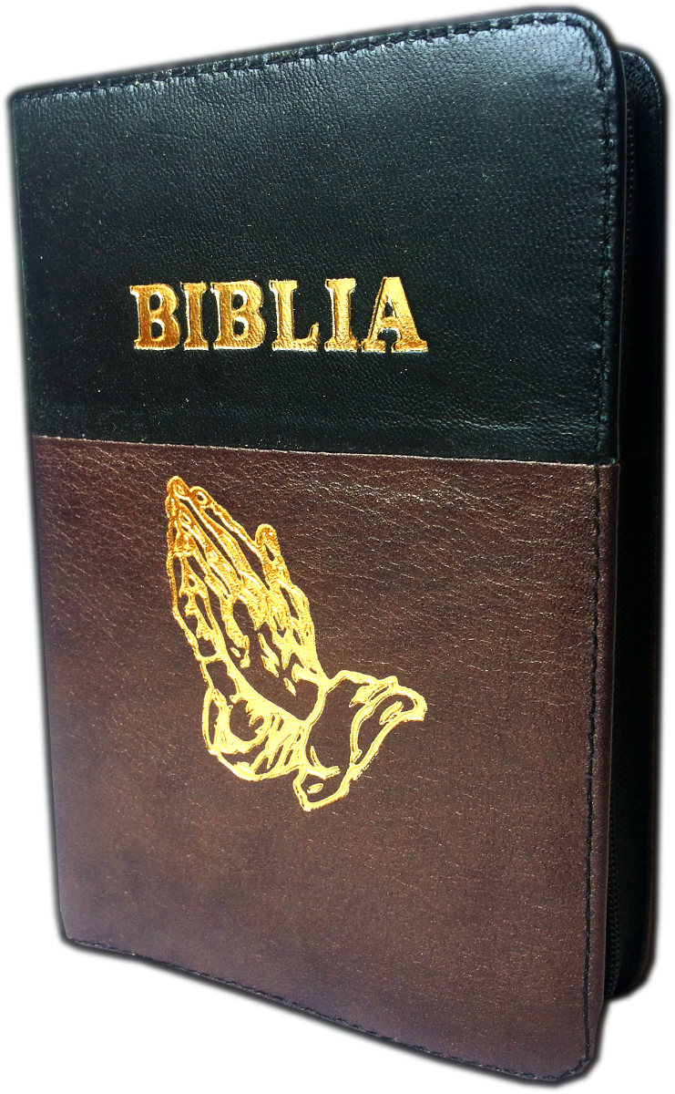 Biblie din piele, dimensiune mica, negru-maro inchis, fermoar, cu peste, cuv. lui Isus in rosu [043 A]