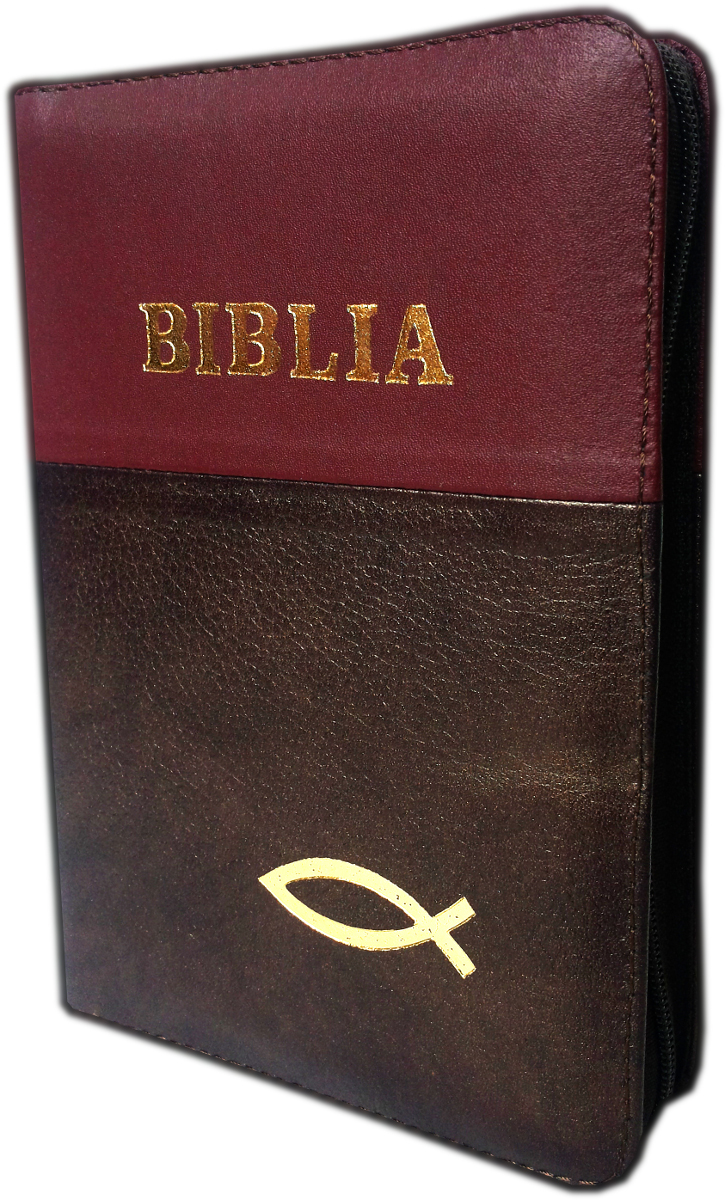 Biblie din piele, dimensiune mica, visinie-maro inchis, fermoar, cu peste, cuv. lui Isus in rosu [043 A]