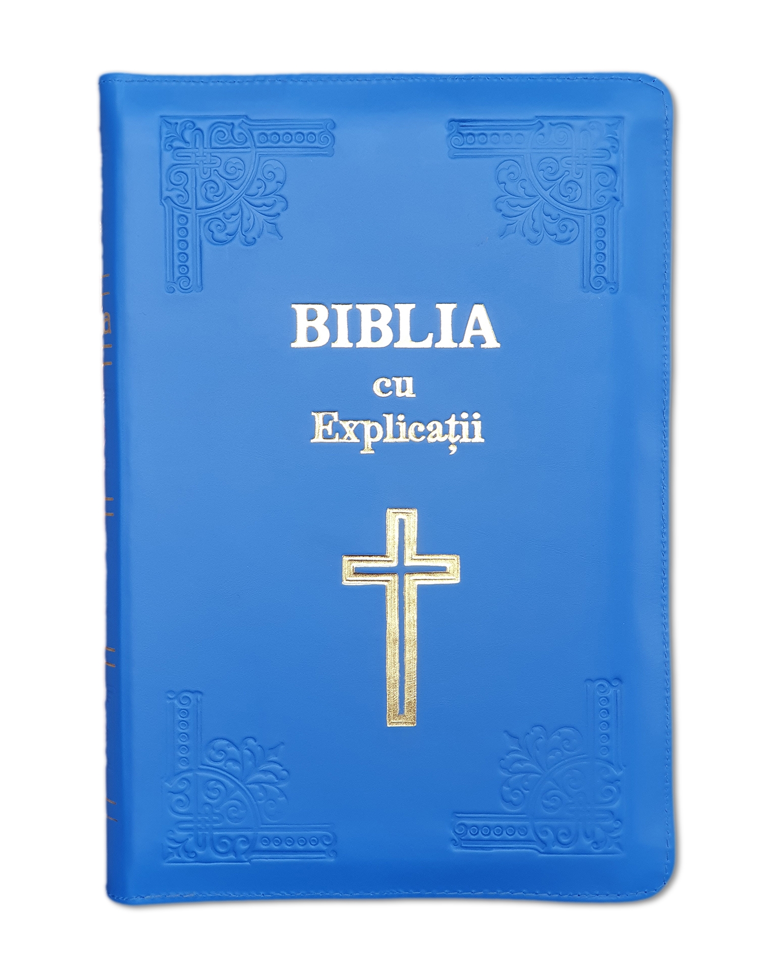 Biblia handmade, cu concordanta si explicatii, marime mare, piele, culoare albastru, fermoar, index, margini aurii, cu cruce, cuv. lui Isus cu rosu [CO 77 HMI]