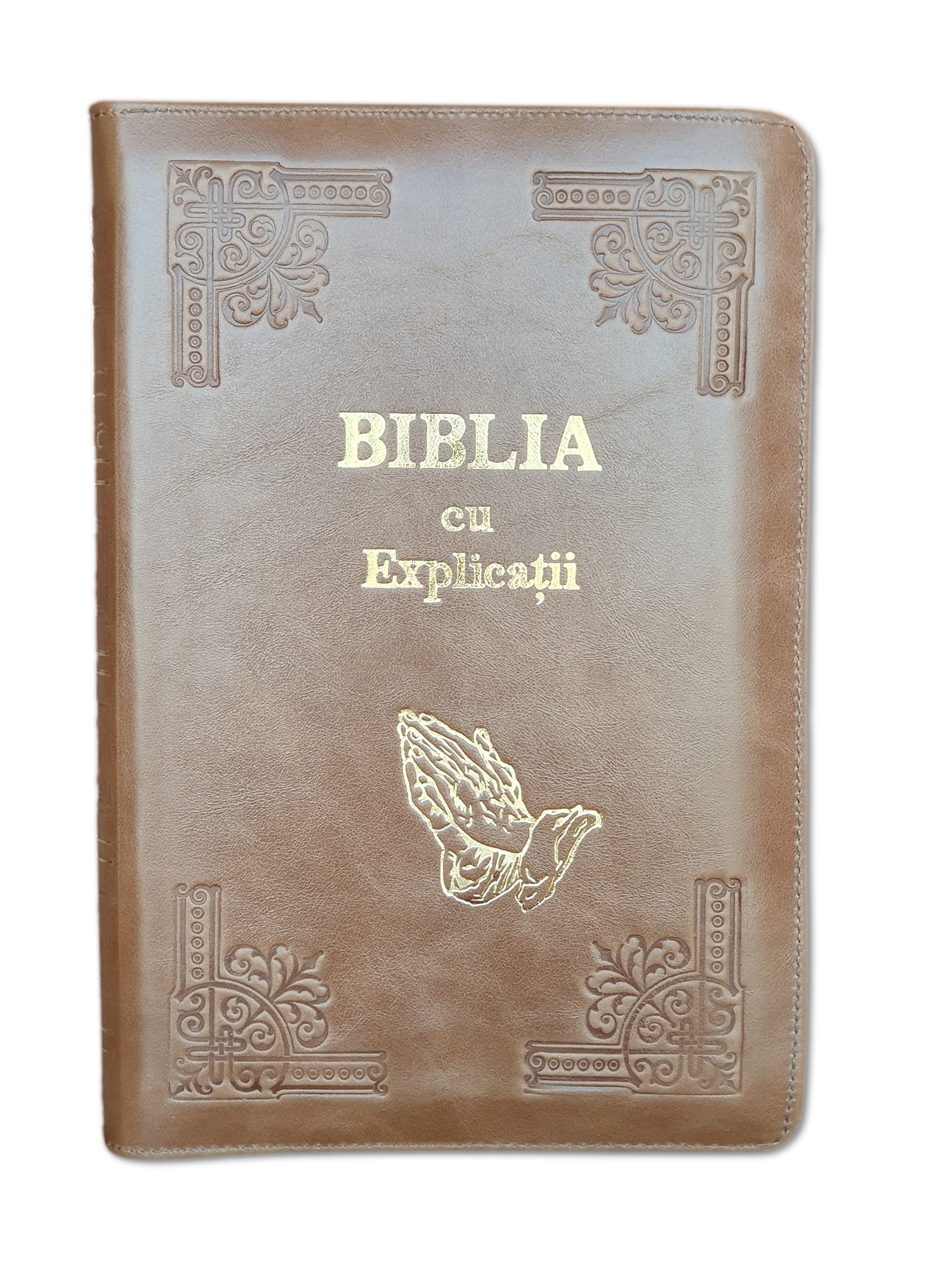 Biblia handmade, cu concordanta si explicatii, marime mare, piele, culoare maro deschis, fermoar, index, margini aurii, simbol maini in rugaciune, cuv. lui Isus cu rosu [CO 77 HMI]