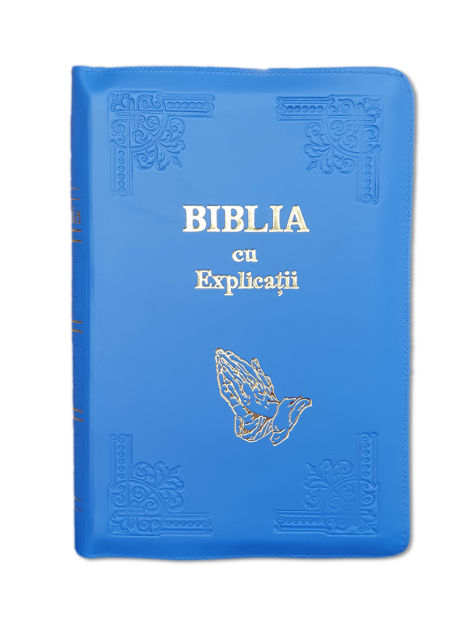 Biblia handmade, cu concordanta si explicatii, marime mare, piele, culoare albastru, fermoar, index, margini aurii, simbol maini in rugaciune, cuv. lui Isus cu rosu [CO 77 HMI]