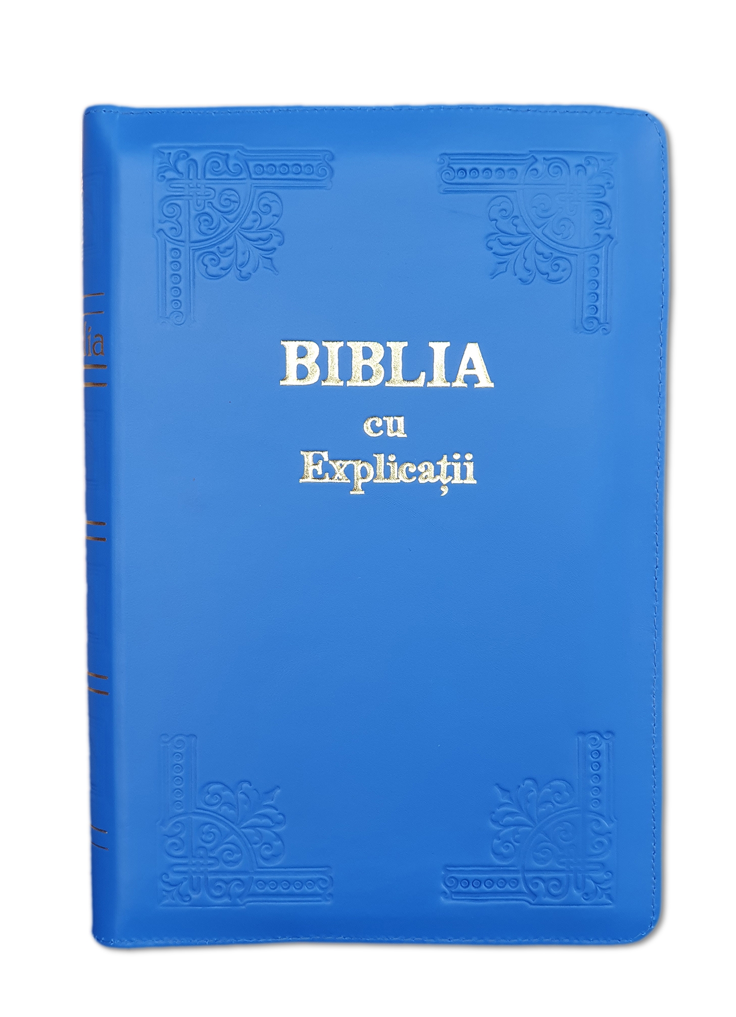 Biblia handmade, cu concordanta si explicatii, marime mare, piele, culoare albastru, fermoar, index, margini aurii, cuv. lui Isus cu rosu [CO 77 HMI]