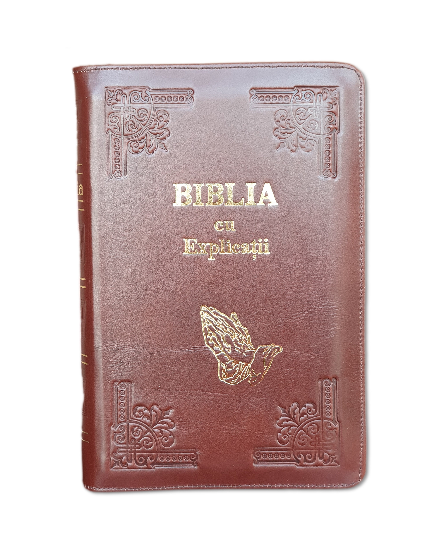 Biblia handmade, cu concordanta si explicatii, marime mare, piele, culoare maro roscat, fermoar, index, margini aurii, simbol maini in rugaciune, cuv. lui Isus cu rosu [CO 77 HMI]