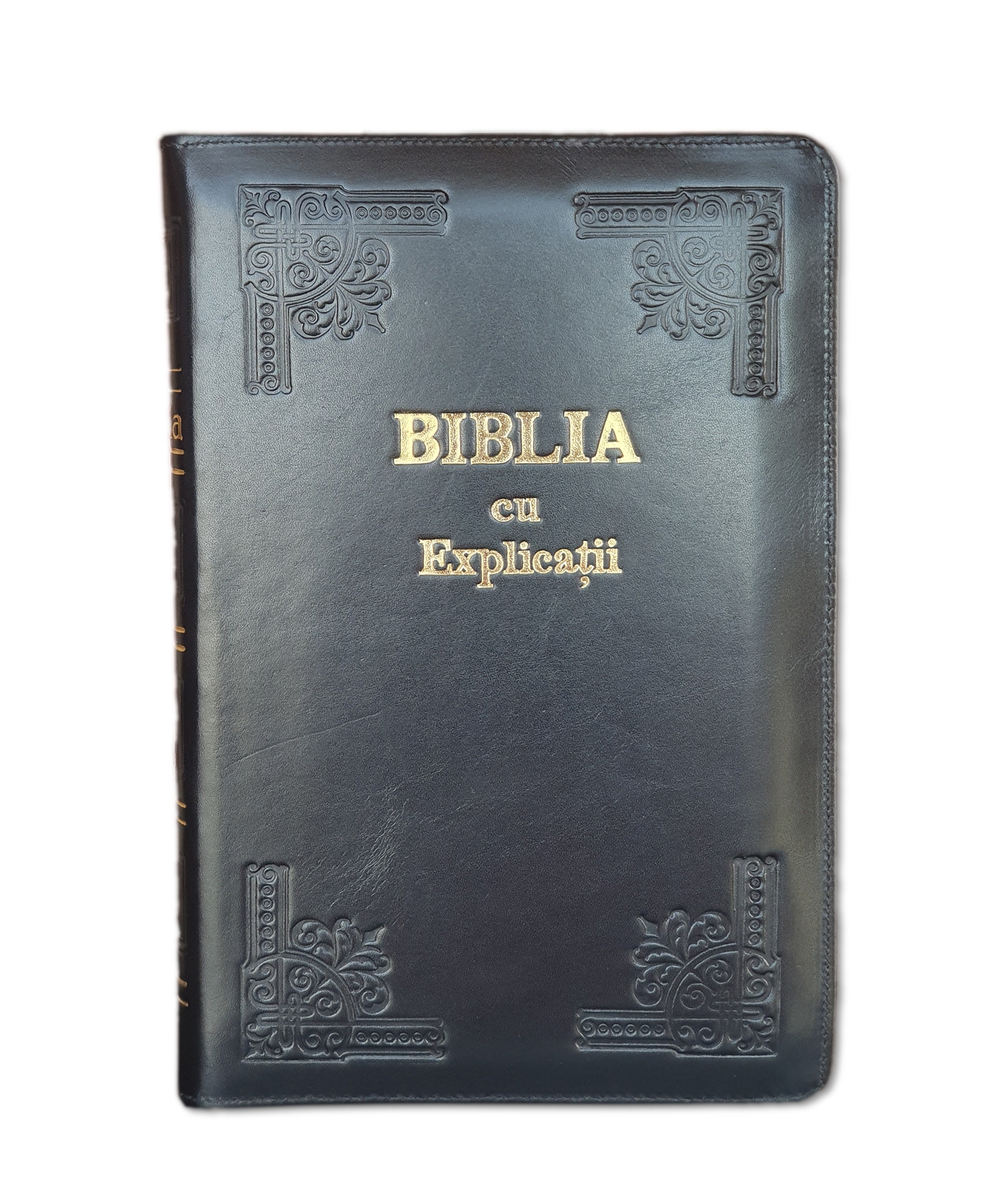 Biblia handmade, cu concordanta si explicatii, marime mare, piele, culoare neagra, fermoar, index, margini aurii, cuv. lui Isus cu rosu [CO 77 HMI]